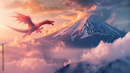 Red dragon flying on mountain photo
