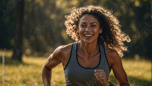 Donna sorride mentre fa sport, corre in mezzo alla natura in vestiti da corsa