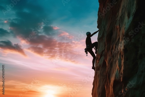 A Man Climbing Up the Side of a Cliff, A colorful sunset over a tall, challenging cliff-face with a lone climber silhouetted against the sky, AI Generated