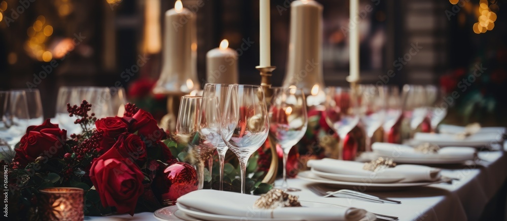 The room is set for a Christmas dinner with elegant tableware, magenta petals, and candles. Wine glasses and finger food complete the festive event The room is set for a Christmas dinner with elegant tableware, magenta petals, and candles. Wine glasses and finger food complete the festive event