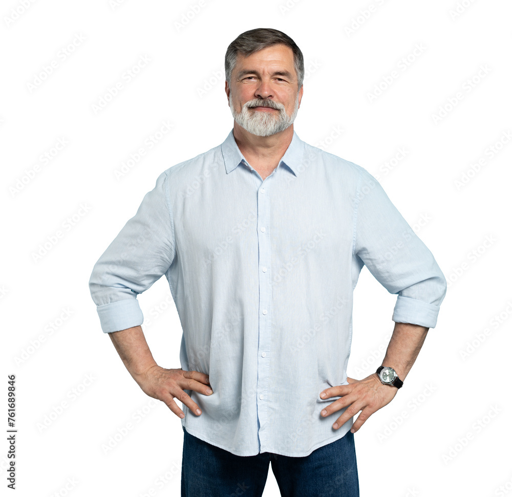 Fototapeta premium Portrait of happy casual older man smiling, Mid adult, mature age male with gray hair, Isolated on transparent background, copy space