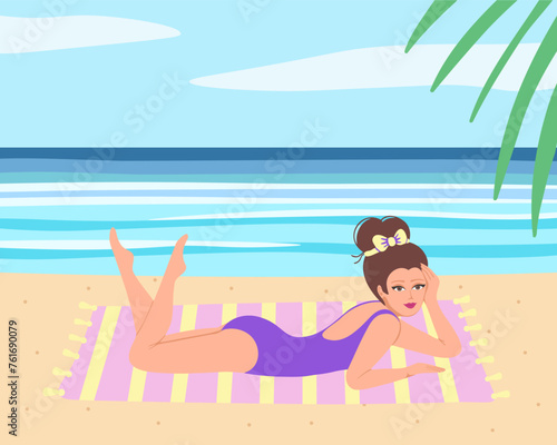 girl lies sunbathing on beach of sea. Vector Illustration for printing, backgrounds, covers and packaging. Image can be used for cards, posters, stickers and textile. Isolated on white background.