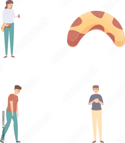 Biological clock icons set cartoon vector. People want to sleep after flying. Flight, travel