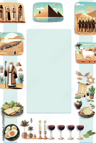 Set of Easter icons. flat, book format for the Passover haggadah. Jewish holiday of the exodus from Egypt. Collection with Seder plate, food, matzo, wine, torus, pyramid. Isolated on white background.