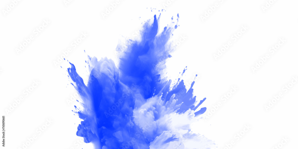 Blue holi paint color powder. Abstract blue dust explosion on white background. Blue holi paint color powder festival explosion burst isolated white background. Blue vibrant rainbow Holi paint color.	 - obrazy, fototapety, plakaty 