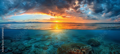 Great barrier reef golden hour sunset, queensland, australia split view underwater wallpaper
