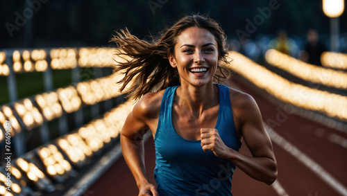 Donna sorride mentre fa sport, corre su una pista da atletica leggera photo