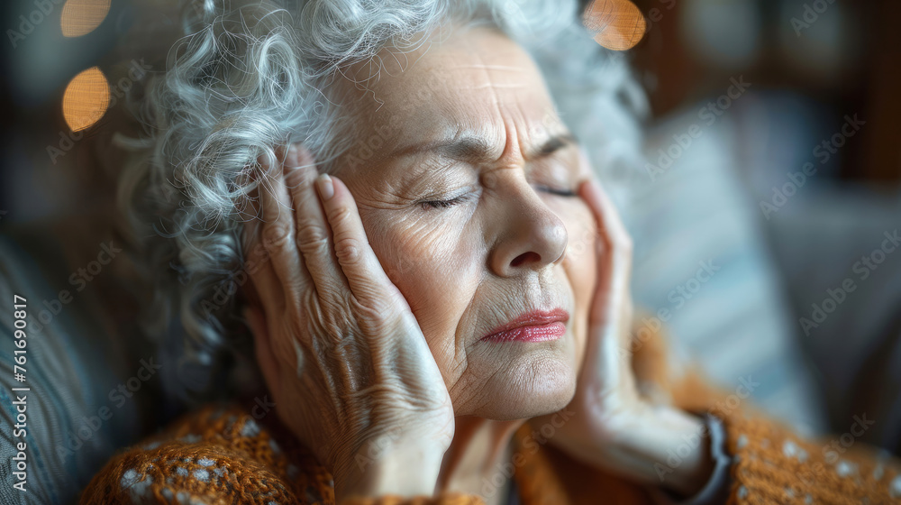 A woman with glasses and a frowning face, is wearing an orange sweater. The woman is in pain or discomfort. An elderly woman with migraine, isolated on a white background, looks tense, sick and tired A woman with glasses and a frowning face, is wearing an orange sweater. The woman is in pain or discomfort. An elderly woman with migraine, isolated on a white background, looks tense, sick and tired