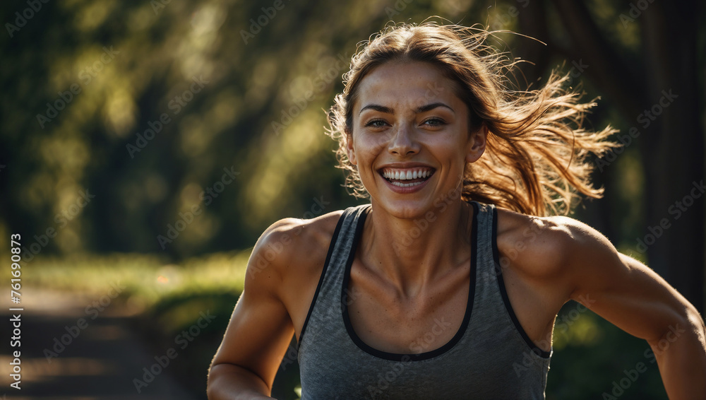 Donna sorride mentre fa sport, corre in mezzo alla natura in vestiti da corsa Donna sorride mentre fa sport, corre in mezzo alla natura in vestiti da corsa