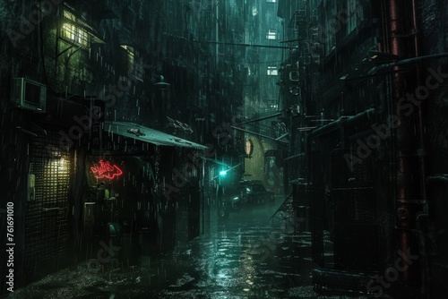 A photo of a dimly lit alleyway with a vivid green light shining at the far end  creating a mysterious and intriguing atmosphere  A dark  rain-soaked alleyway in a futuristic city  AI Generated