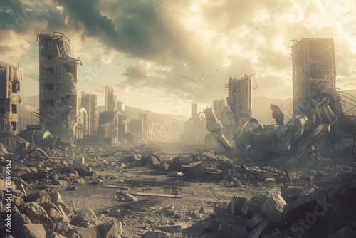 Devastated City in the Heart of a Desert, A desolated post-war city with the remains of destroyed mechs, AI Generated