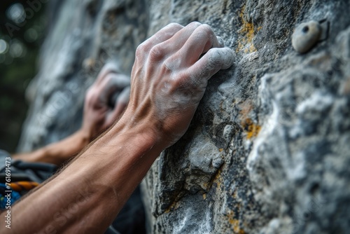 A man in climbing gear ascending a steep rocky face of a mountain, A detailed close-up of a climber's hands straining against the rough texture of the rock, AI Generated