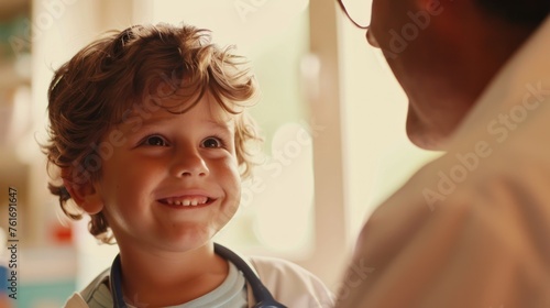 A boy with charming smile and pretend doctor equipment embodies joy and early education in a healthcare setting