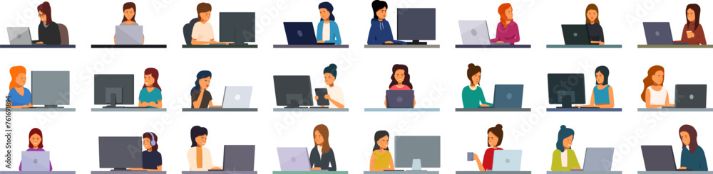 Software programmer girl icons set cartoon vector. It profession. Office tester Software programmer girl icons set cartoon vector. It profession. Office tester