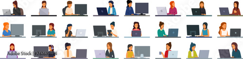 Software programmer girl icons set cartoon vector. It profession. Office tester