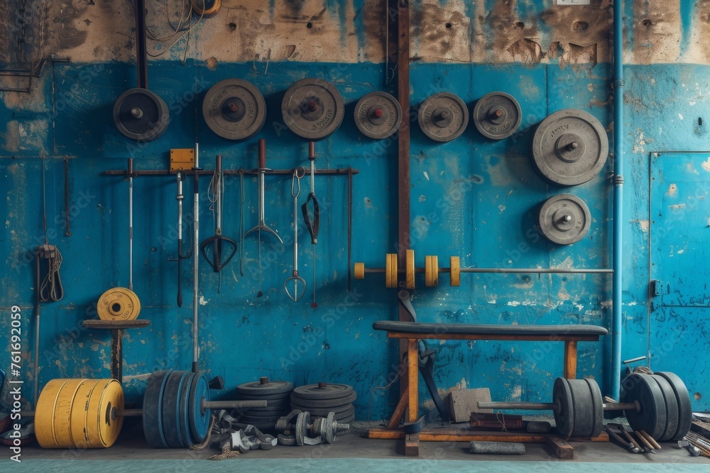 A blue wall with a variety of practical tools hanging neatly, ready for use, A detailed take on the different equipment used in weightlifting, AI Generated