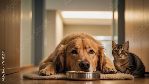 Zwei tierische Freunde  Ein Golden Retriever und eine Katze teilen entspannt den Futterplatz