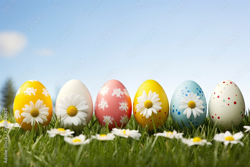 Row of Easter Eggs with Daisy on Fresh Green Grass - generative ai