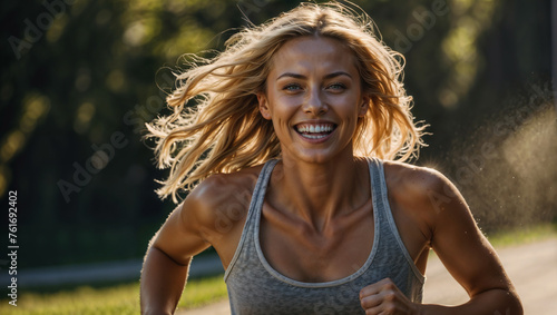 Donna sorride mentre fa sport, corre in mezzo alla natura in vestiti da corsa