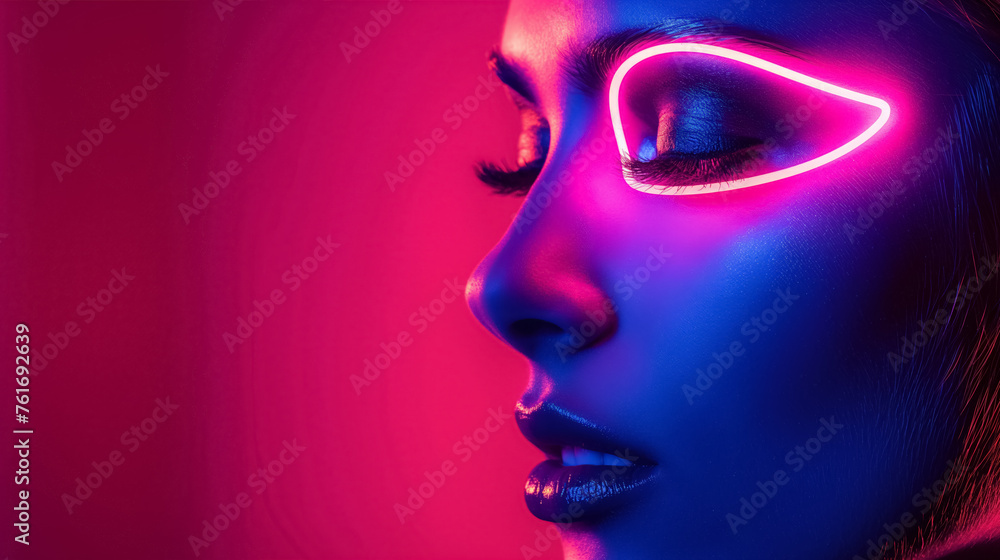 Stylish neon light makeup on a woman's face.