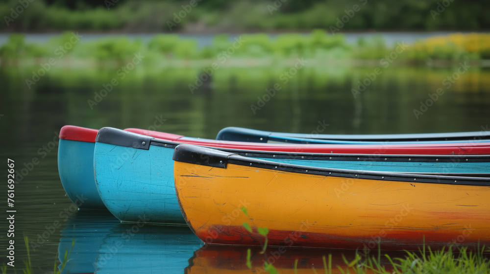 Colorful canoes resting by a peaceful lakeside. Colorful canoes resting by a peaceful lakeside.
