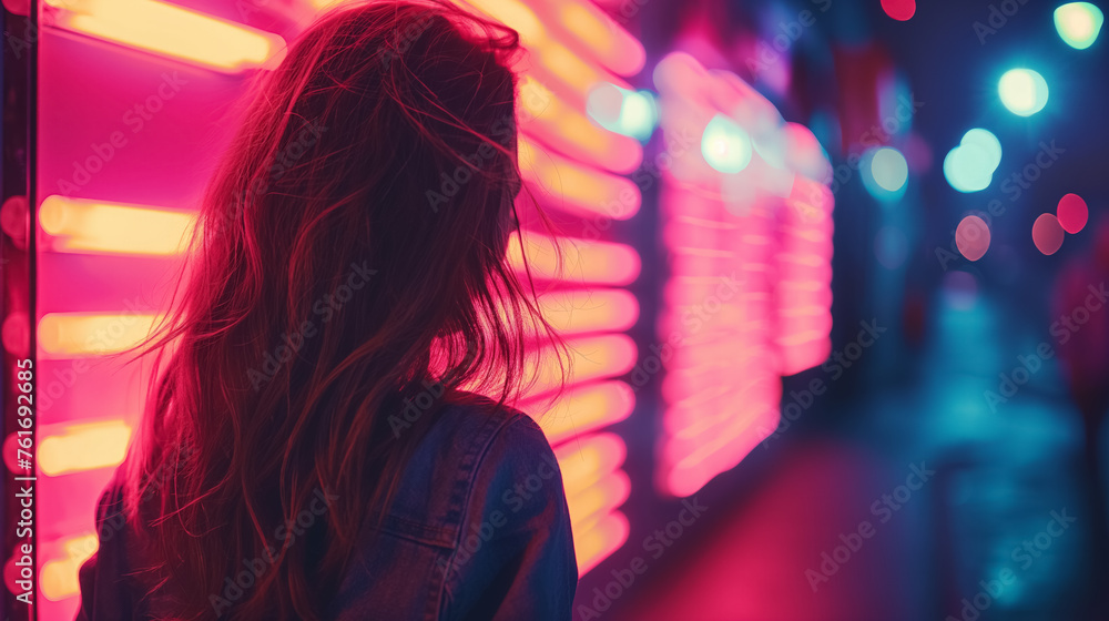 Solitary woman by neon signs in contemplation. Solitary woman by neon signs in contemplation.