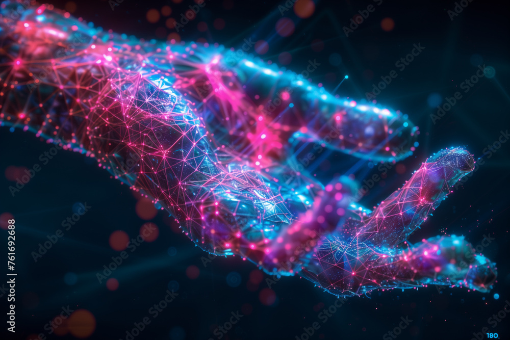 A hand made of lines and dots is shown in a blue and red color A hand made of lines and dots is shown in a blue and red color