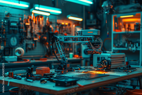 A robot is sitting on a table in a workshop