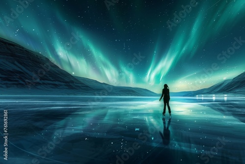 Person Standing in the Middle of a Frozen Lake, A dreamy portrayal of a figure skater gliding smoothly on ice under shimmering northern lights, AI Generated