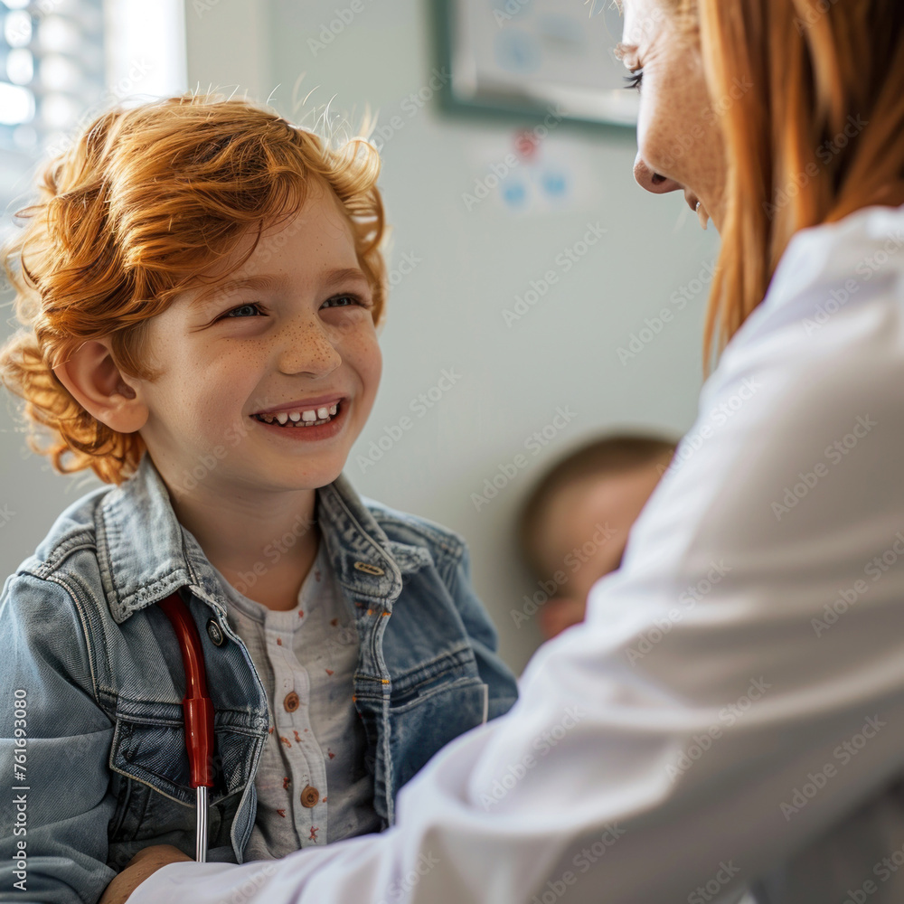 Obraz premium Smiling red-haired young boy interacting with a female doctor in a clinic setting