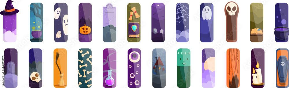 Halloween bookmark icons set cartoon vector. Broom design. Dark holiday card - obrazy, fototapety, plakaty 