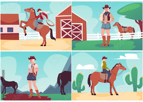 Set of cowgirls with horses at ranch and in desert.