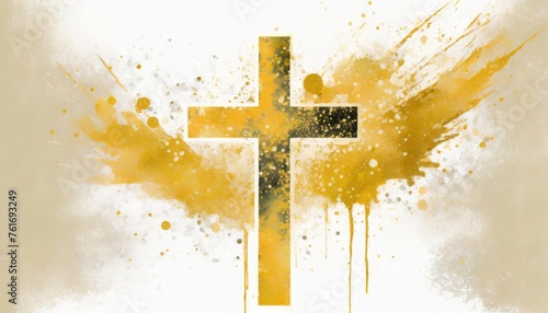 Abstract artistic rendition of a cross with a vibrant gold and white paint splatter effect on a textured background, symbolizing faith and the resurrection. © Red Lemon
