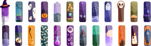Halloween bookmark icons set cartoon vector. Broom design. Dark holiday card