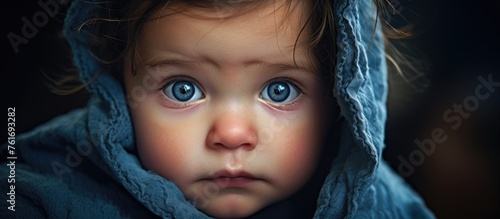 A closeup of a happy toddler with electric blue eyes, smiling cheekily while wrapped in a matching blue blanket, showcasing long eyelashes and a cute nose photo