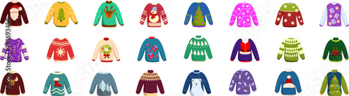 Ugly sweater party icons set cartoon vector. Christmas holiday. Knitted ornament