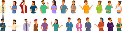 Idea think couple icons set cartoon vector. Man and woman coworkers. Find answer