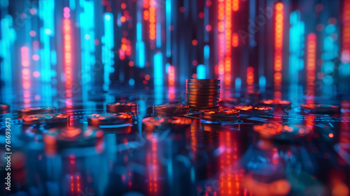A pile of coins is on a table with a bright blue background
