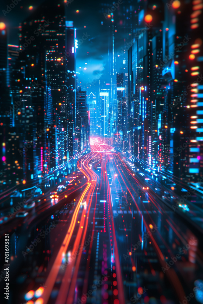 A city street with cars and buildings lit up in neon colors