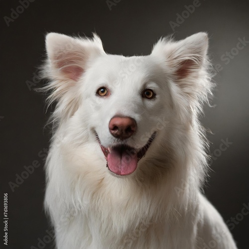 Portrait of a joyful white dog with fluffy fur and captivating amber eyes, exuding happiness. © Red Lemon