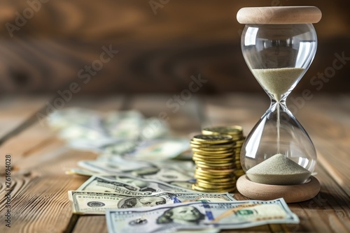 An hourglass is seen sitting atop a stack of money, radiating a visual representation of time and wealth, A gigantic hourglass filled with cash to show the time value of money, AI Generated