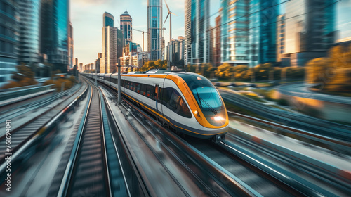 A train is traveling down a track in a city