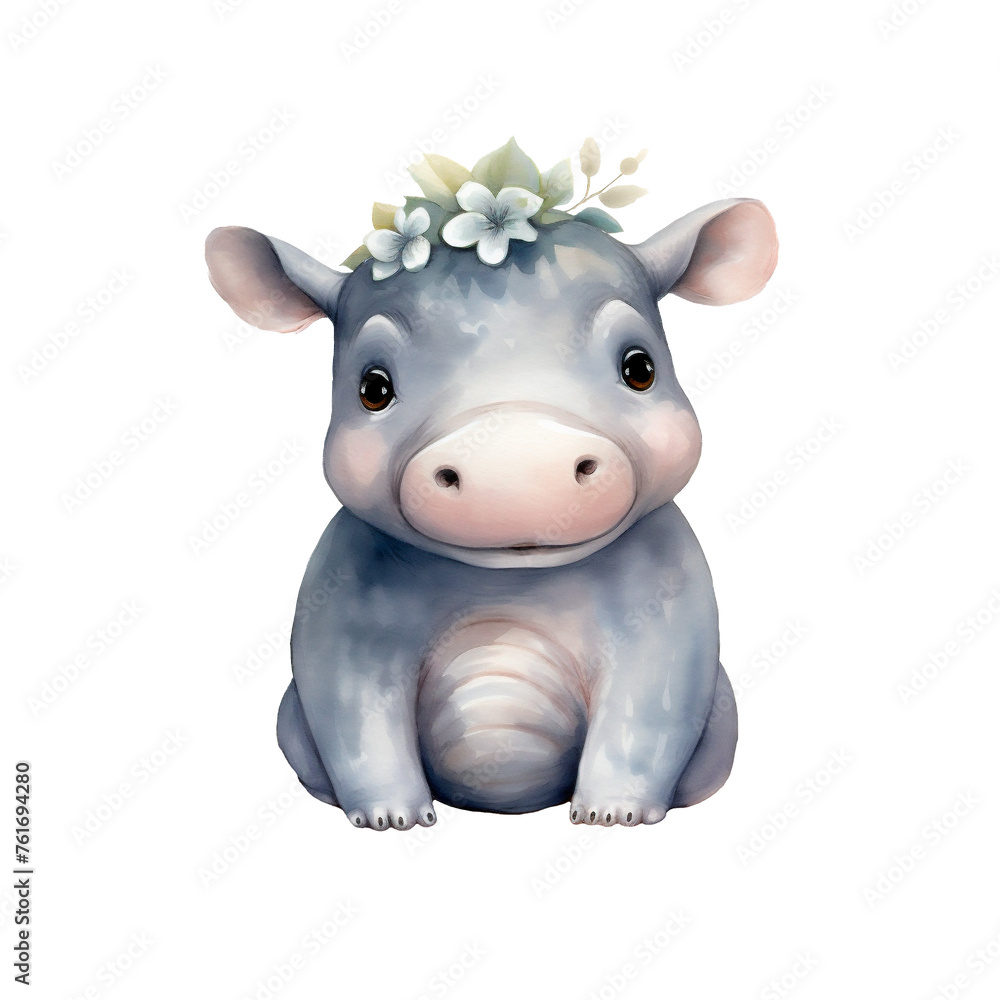 Watercolor hand-painted illustration of a hippo baby. Isolated on a white background Watercolor hand-painted illustration of a hippo baby. Isolated on a white background