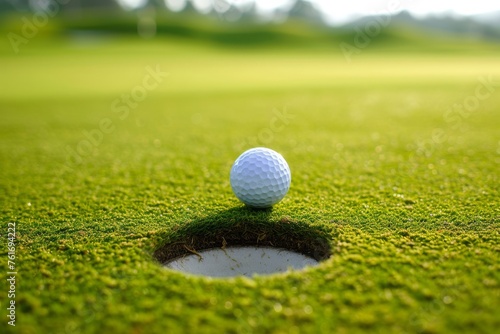 A golf ball precariously balanced on the edge of a golf hole, ready to either drop in or roll away, A golf ball nearing the hole on a golf green, AI Generated