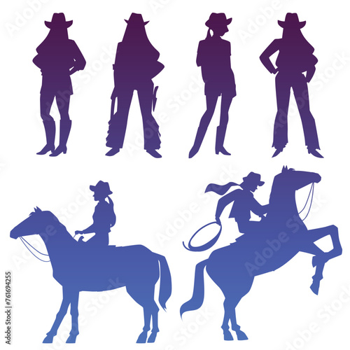 Cowgirls vector silhouette set, cowgirl riding on horse, American western rodeo ranger women dressed in wild west style
