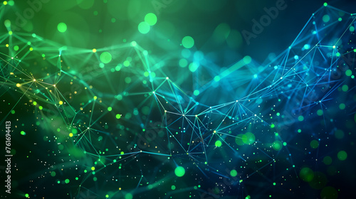 A green and blue image of a web of lines and dots
