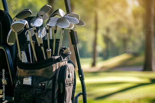 A golf bag containing a variety of golf clubs, ready for a game on the golf course, A golf club bag filled with various clubs on a golf cart, AI Generated