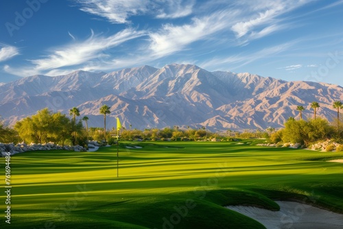 A panoramic view of a golf course set against the backdrop of majestic mountains, showcasing the stunning natural beauty of the landscape, A golf course with a mountain backdrop, AI Generated