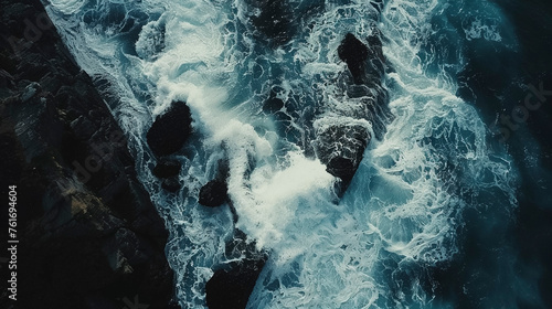 Drone Shot, Stunning Ocean Waves Crashing Against Coastal Rocks