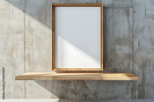 Blank poster frame mockup on wooden shelf near concrete wall. Loft interior design of modern living room, house.